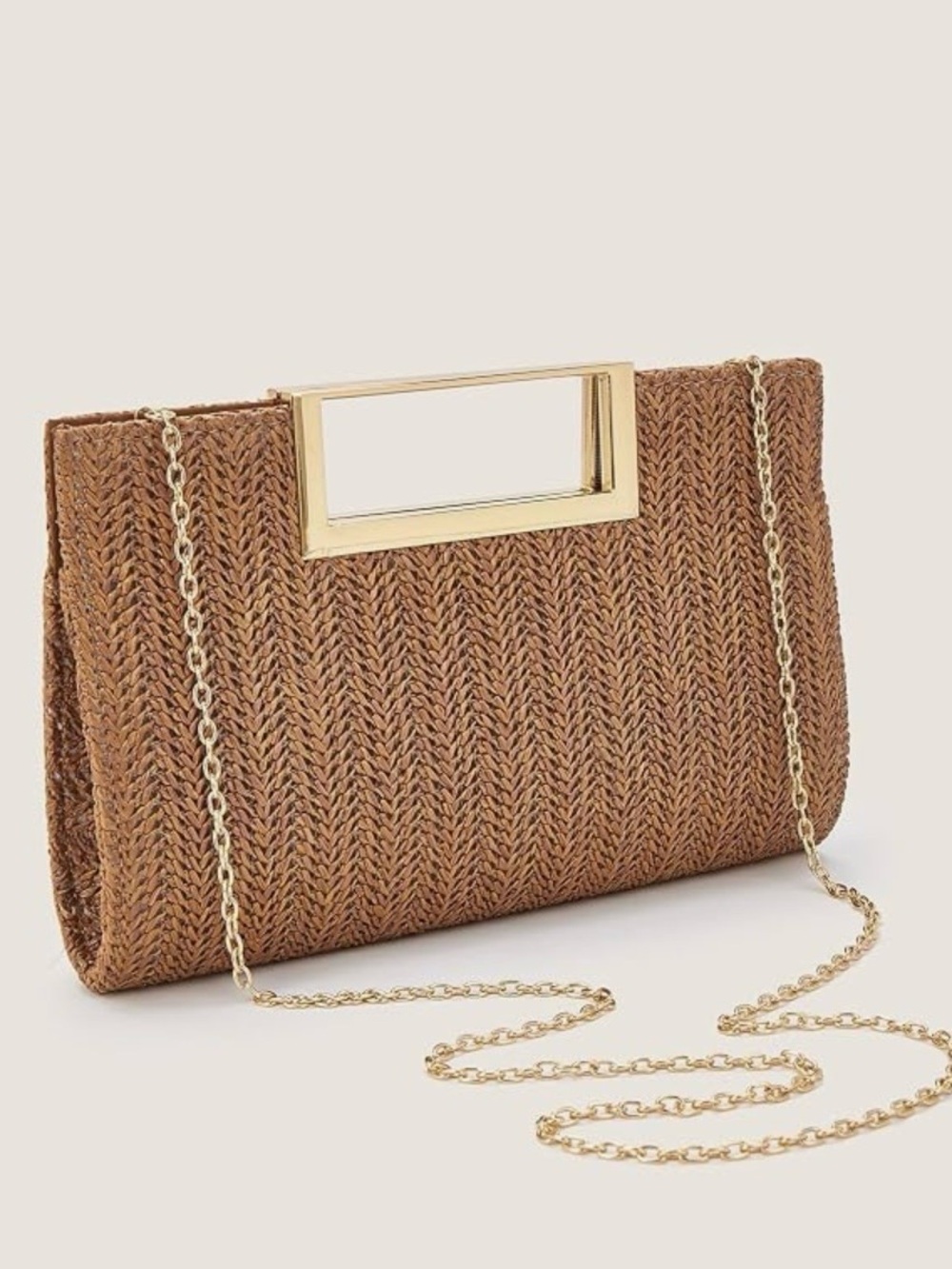Woven Straw Clutch with Gold Chain - Brown